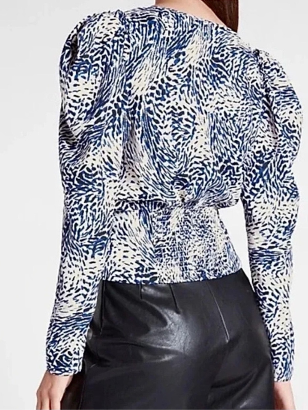 Express Blue and White Printed Puff-Sleeve Blouse